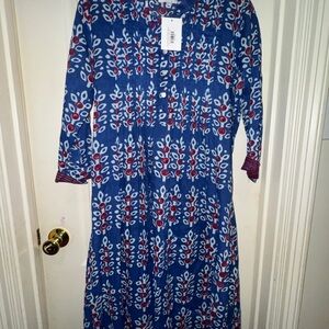 Elegant Blue and Red Floral Long Sleeve Dress
